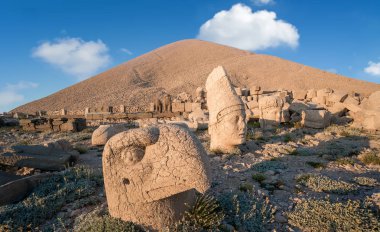 Commagene statue ruins on top of Nemrut Mountain in Adiyaman, Turkey. Stone heads at the top of 2150 meters high Mount Nemrut. Turkey clipart
