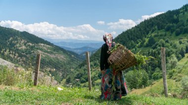 Artvin, Türkiye - Temmuz 2018: Kimliği belirsiz kadın Maden köyü, Savsat, Artvin, Türkiye'de yerel kıyafet