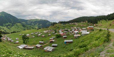 Artvin, Türkiye - Temmuz 2018: Artvin, Türkiye'nin geleneksel ahşap evleri ile Karadeniz bölgesinin yaylaları küçük bir köyde