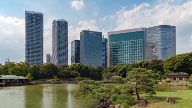 Tokyo, Japonya - Ağustos 2018: Bir büyük ve çekici Peyzaj Bahçe de Tokyo, Chuo bölgesi, Sumida nehir, Japonya Hamarikyu Bahçeleri vardır