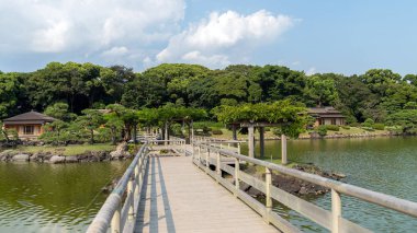 Tokyo, Japonya - Ağustos 2018: Bir büyük ve çekici Peyzaj Bahçe de Tokyo, Chuo bölgesi, Sumida nehir, Japonya Hamarikyu Bahçeleri vardır