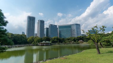 Tokyo, Japonya - Ağustos 2018: Bir büyük ve çekici Peyzaj Bahçe de Tokyo, Chuo bölgesi, Sumida nehir, Japonya Hamarikyu Bahçeleri vardır