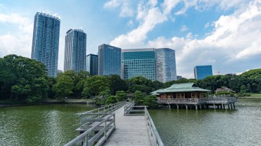 Tokyo, Japonya - Ağustos 2018: Bir büyük ve çekici Peyzaj Bahçe de Tokyo, Chuo bölgesi, Sumida nehir, Japonya Hamarikyu Bahçeleri vardır
