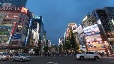 Tokyo, Japonya - Ağustos 2018: Akihabara yaya geçidi Kavşağı'nda renkli ışıklar ile akşam