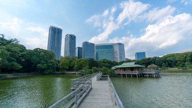 Tokyo, Japonya - Ağustos 2018: Bir büyük ve çekici Peyzaj Bahçe Chuo bölgesinde, Sumida nehir Hamarikyu Bahçeleri vardır