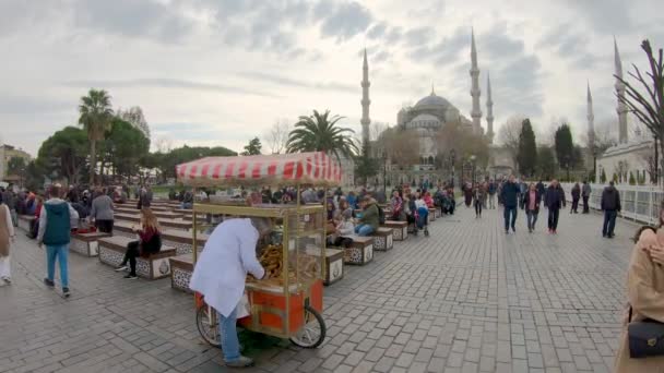 イスタンブール トルコ 2018 男販売している伝統的な焼き落ち着いた Simit をスルタンアフメット地区のブルーモスクと呼ばれる — ストック動画