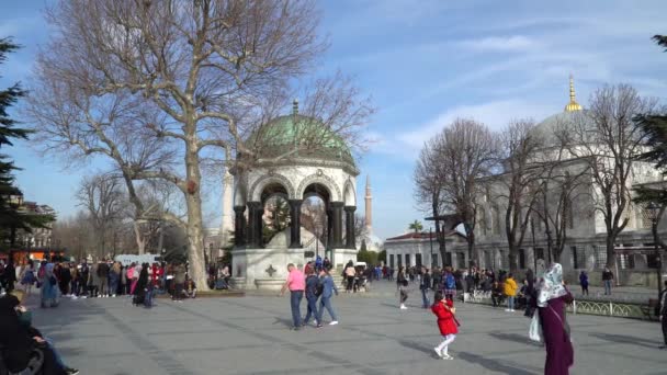 Stambuł Turcja Marzec 2019 Niemiecka Fontanna Tłumem Turystycznym Placu Sultanahmet — Wideo stockowe