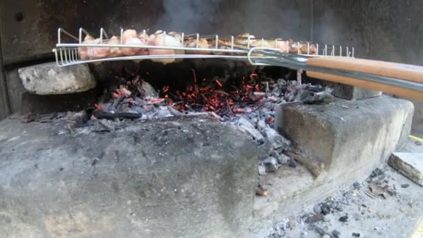 ピクニック中に石の暖炉で木の火の上にチキングリルバーベキューを作る — ストック動画