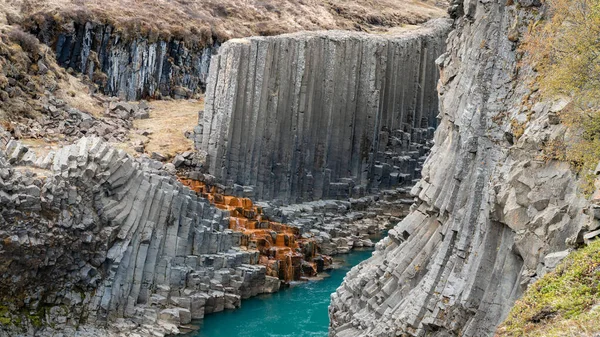 Disclaimlagil basalt canyon, met vulkanische basalt kolommen, IJsland — Stockfoto