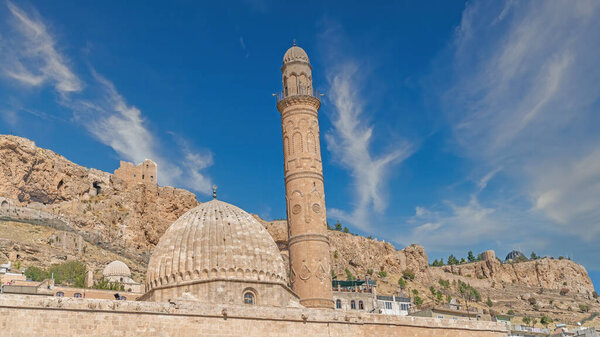 Mardin, Turkey - January 2020: Ulu Cami, also known as Great mosque of Mardin with single minaret in Mardin cityscape