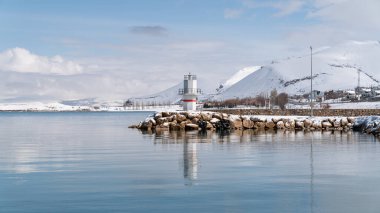 Van, Türkiye - Şubat 2020: Kar ve kış manzaralı Van Gölü