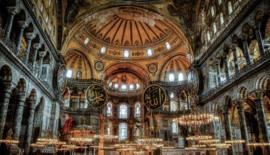 Istanbul, Turkey - October 2017: Hagia Sophia museum interior. Hagia Sophia was converted to mosque recently renaming it to Ayasofya Kebir Cami in Turkish clipart