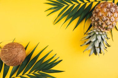 Yaz düzlüğü arka plandaydı. Sarı arka planda palmiye, ananas ve hindistan cevizi..