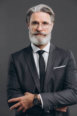 Gri takım elbiseli şık ve modaya uygun olgun bir adamın portresi. Gri arkaplanda iş ve moda yakın plan konsepti.