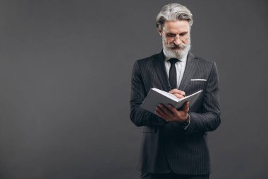 İş ve modaya uygun sakallı, gri takım elbiseli olgun bir adam. Defterine gri arka planda fotokopi alanı yazıyor..