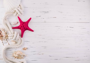 Yaz tatili beyaz ahşap arka plan yıldız balığı, deniz ipi ve kopyalama alanı