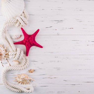 Yaz tatili beyaz ahşap arka plan yıldız balığı, deniz ipi ve kopyalama alanı