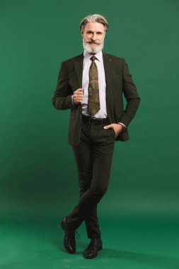 Yeşil arka planda haki rengi takım elbiseli şık, orta yaşlı bir adam.
