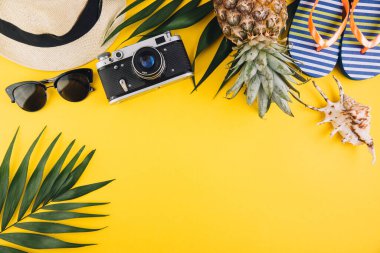 Yaz düzlüğü arka plandaydı. Palmiye yaprakları, parmak arası terlikler, ananas, güneş gözlükleri, kamera, hasır şapka ve sarı arka planda kabuk..