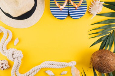 Yaz kavramı. Seyahat aksesuarları: hasır şapka, hindistan cevizi, ip ve kabuk..