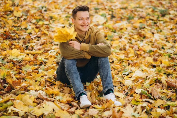 Bir Buket Sarı Yapraklı Yakışıklı Mutlu Çocuğun Portresi Gülerek Sonbahar — Stok fotoğraf