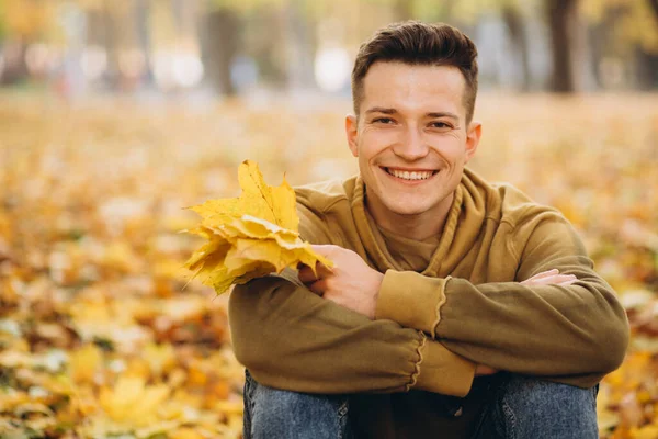 Portrait Handsome Happy Boy Bouquet Yellow Leaves Smiling Dreaming Autumn — Stock Photo, Image