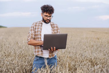 Young agronomist using a laptop while standing in a wheat field, monitoring harvest progress and planning for upcoming seasons