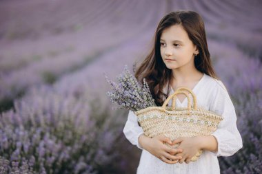 Lavanta tarlasında elinde sepet ve bir demet lavanta çiçeği tutan beyaz elbiseli bir kız.