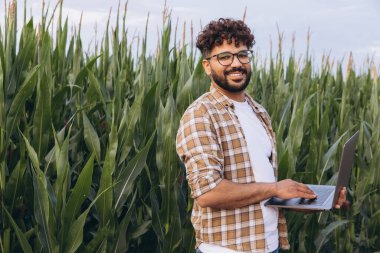Agronomist working on a laptop in a corn field, monitoring crop growth and production while utilizing modern agricultural technology