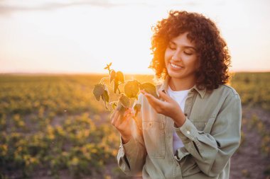 Smiling female agronomist examining a soybean plant in a cultivated field at sunset, enjoying the golden hour light
