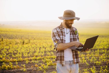 Bearded agronomist wearing a hat, smiling while using a laptop in a corn field during a picturesque sunset, capturing the essence of rural life