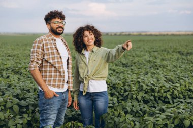 Woman and man agronomists inspecting soybean crops, pointing towards the horizon in a lush, green field under a bright summer sky