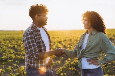 Two agronomists shaking hands in a soybean field, celebrating a successful partnership at sunset