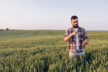 Agronomist examining crops with a magnifying glass in a wheat field during a stunning sunset, capturing the essence of rural farming