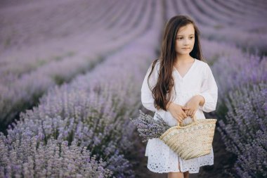 Girl in a flowing white dress, holding a straw basket filled with lavender blossoms, surrounded by vibrant purple fields under the sun