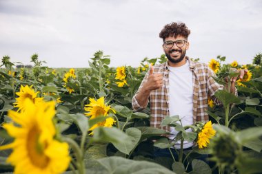 Happy agronomist giving a thumbs up while working amidst a vibrant sunflower field, enjoying the beauty of nature in summer