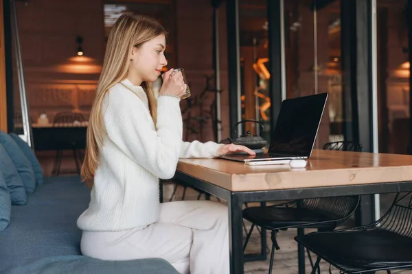 Young businesswoman sipping tea and working on a laptop while enjoying the cozy atmosphere of a modern cafe, embracing remote work life