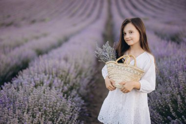 Girl in a flowing white dress, holding a wicker basket filled with a fragrant lavender bouquet, wandering through a vibrant lavender field