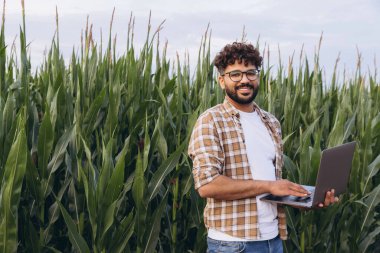 Young agronomist working on a laptop while standing in a cultivated corn field, analyzing data and monitoring crop growth in the countryside