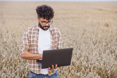 Young agronomist using laptop in a wheat field, controlling the growth and production of his crops