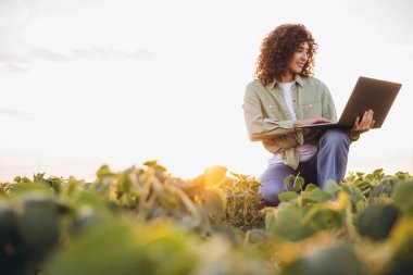 Female farmer working with computer in cultivated soybean field, implementing modern technologies in agriculture