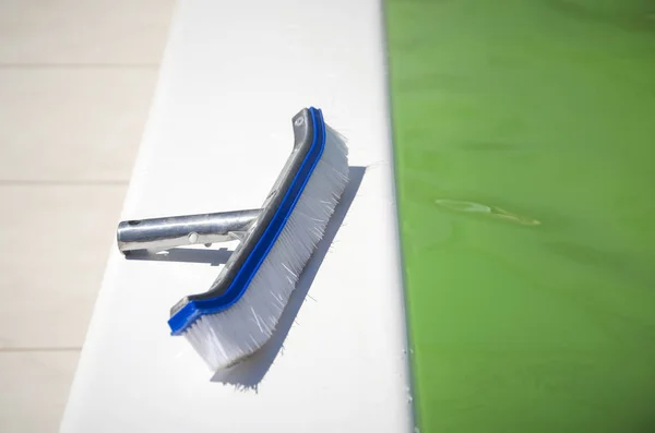 Bir havuzun yüzeyini fırçalayarak yaz sezonuna bakacak şekilde açın