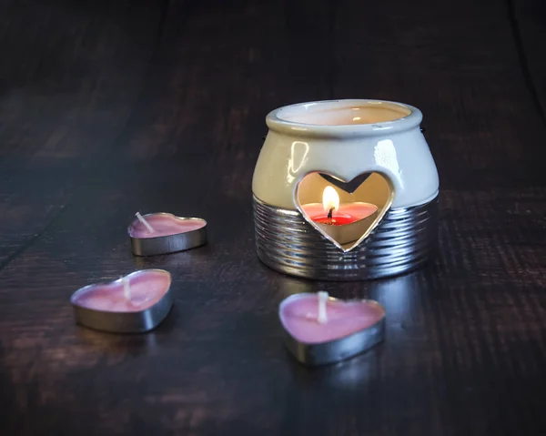 Valentine Day Burning Candles Form Hearts Dark Background — Stock Photo, Image