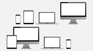 Gerçekçi bilgisayar, dizüstü bilgisayar, Tablet ve cep telefonu kümesi. Modern düz ekran bilgisayar monitörü