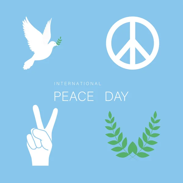国際平和デーのシンボルのセットです 白いハトが オリーブの枝 つ上の指と平和のシンボルの手 — ストックベクタ