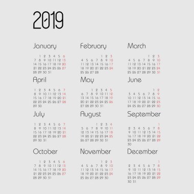 Vektör takvim 2019 yıl. Planlayıcısı tasarım. Takvim 2019 vektör şablonu
