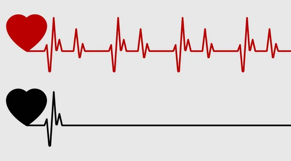 Cuore Rosso Nero Con Palpitazioni Battito Cardiaco Rosso Linea Vita — Vettoriale Stock