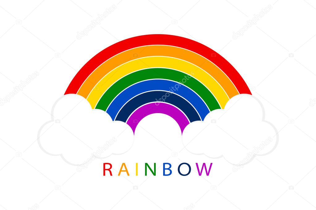 Rainbow with white clouds on blank background. Illustration for your design. logo