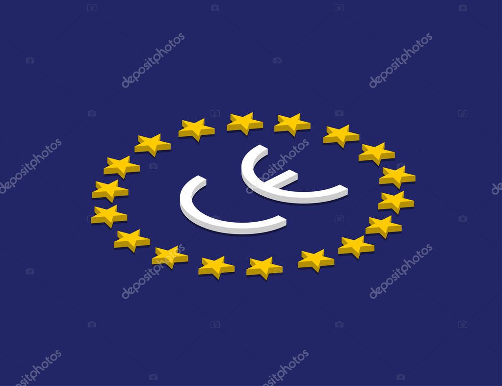 Vector CE mark, Vector CE symbol on flag Europe. Isometric design