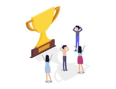 Şampiyon Kupası izometrik tasarım insanlarla. Kazanan Kupası. Vektör çizim
